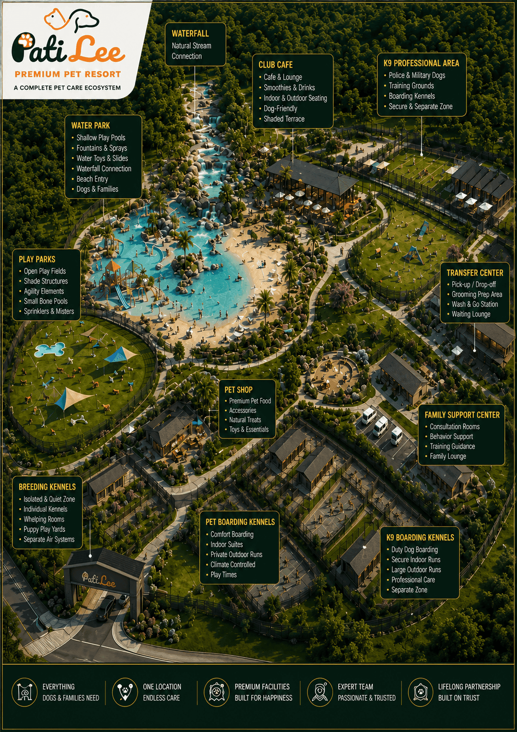 The PatiLee campus master plan — water park, K9 professional area, boarding and breeding kennels, transfer and family support centers